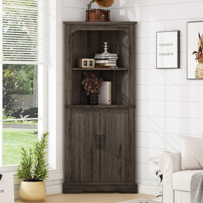 VERYKE 69 Inch Tall Farmhouse Corner Cabinet,Freestanding Storage Cabinet with 2 Doors and 5 Shelves,Wood Corner Storage Cabinet for Kitchen,Bathroom,Living Room,Dark Walnut