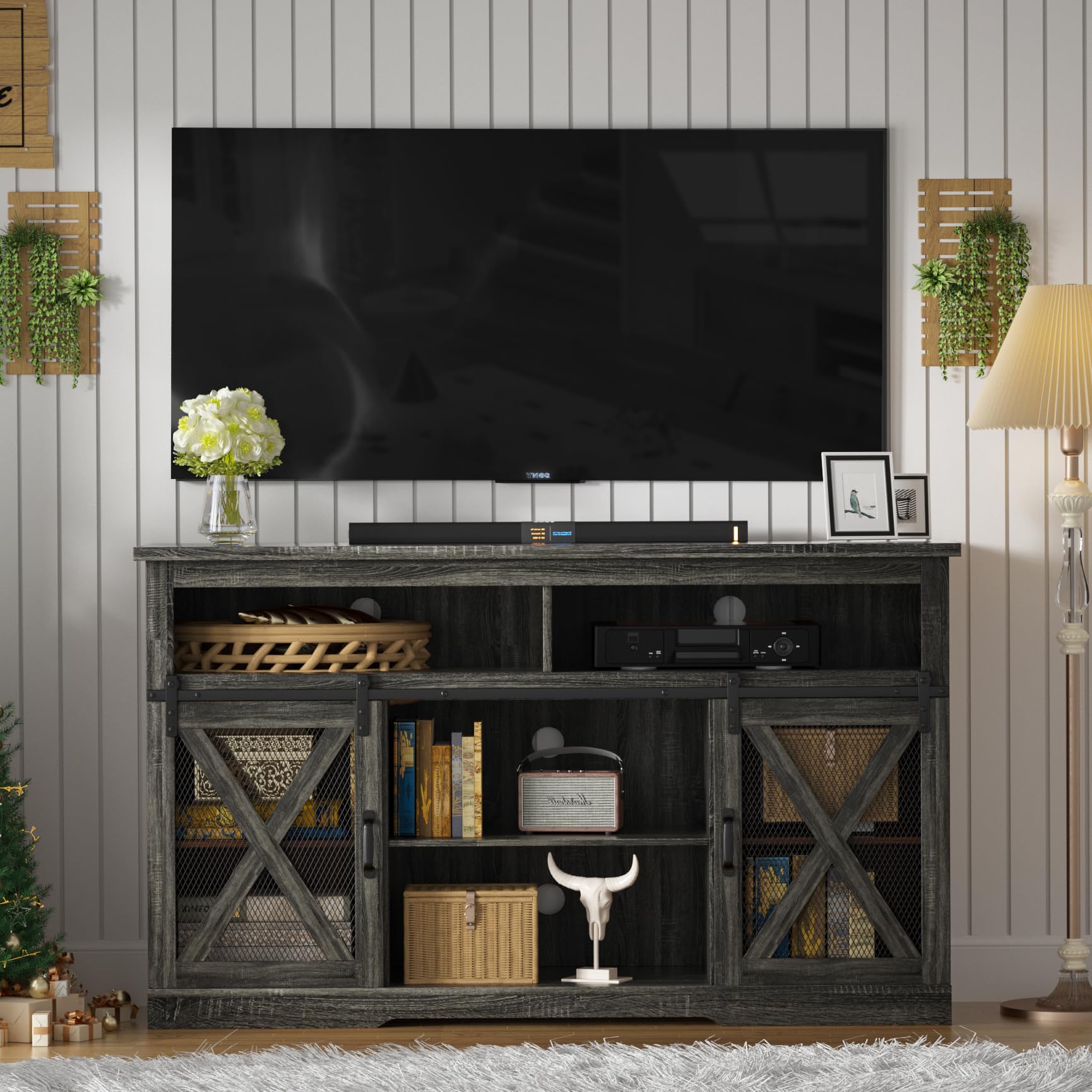 TOLEAD Farmhouse TV Stand for 65 inch TV Farmhouse Entertainment Center with Sliding Barn Doors Console Storage Cabinet for Living Room, Bedroom Grey - WoodArtSupply