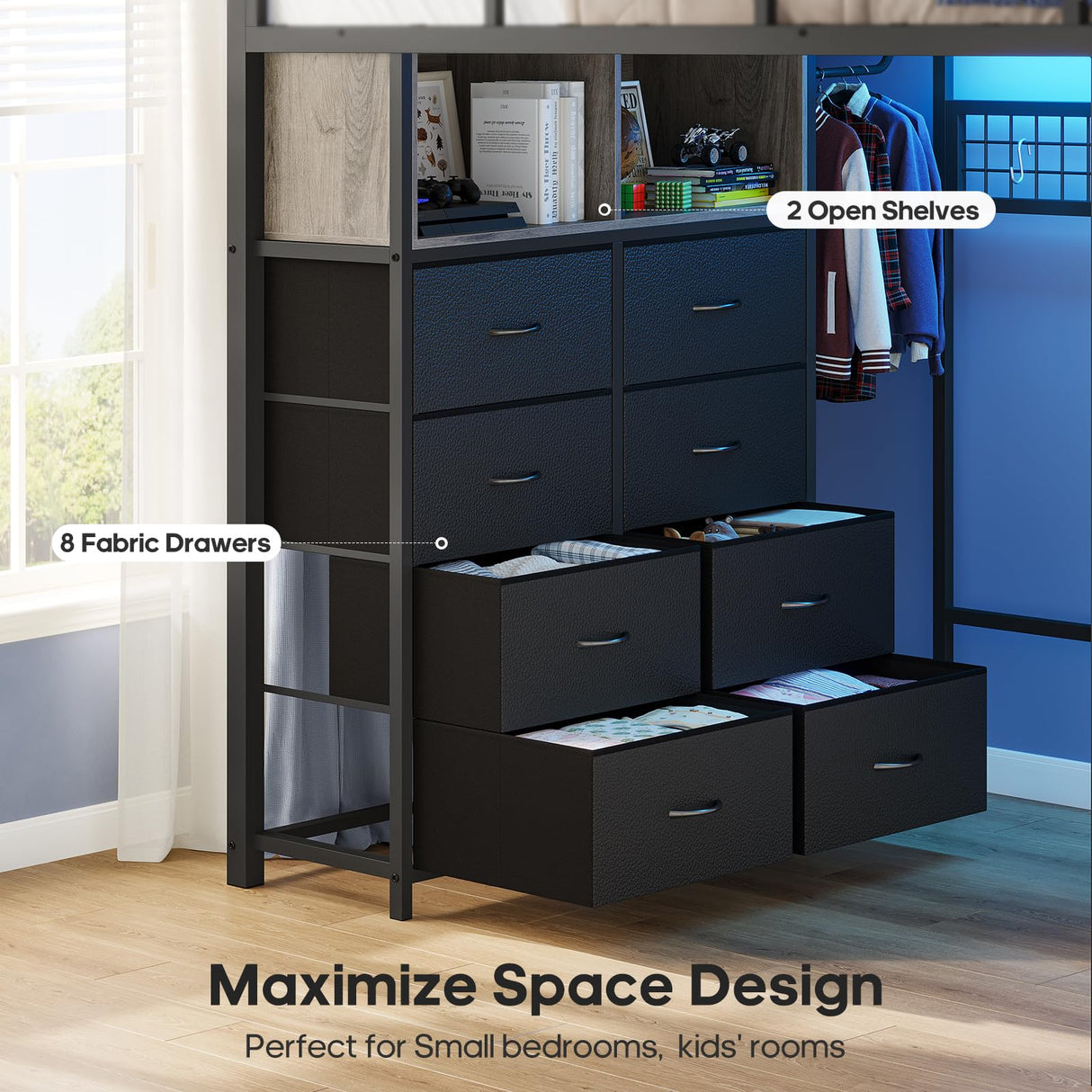 ADORNEVE Loft Bed Full Size with Desk and 8 Storage Drawers, LED Metal Loft Bed with Power Outlet, 2 Shelves & Clothing Rack, Bed with Safety Guardrail & Ladder,Space-Saving, Grey ADORNEVE