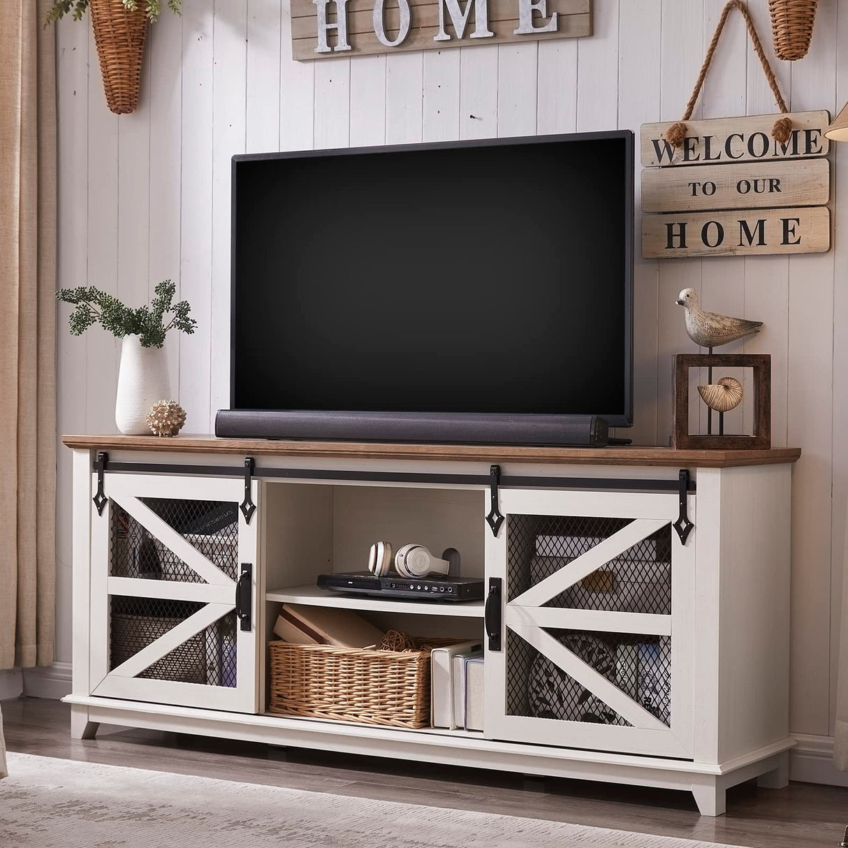 OKD Farmhouse TV Stand for 75 Inch TV, Industrial & Farmhouse Media Entertainment Center w/Sliding Barn Door, Rustic TV Console Cabinet w/Adjustable Shelves for Living Room, Antique White OKD