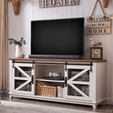OKD Farmhouse TV Stand for 75 Inch TV, Industrial & Farmhouse Media Entertainment Center w/Sliding Barn Door, Rustic TV Console Cabinet w/Adjustable Shelves for Living Room, Antique White OKD