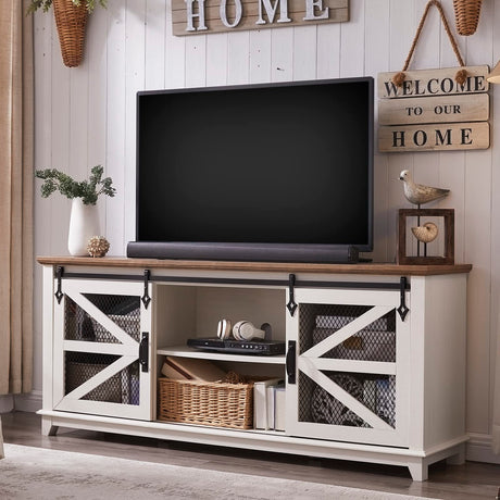 OKD Farmhouse TV Stand for 75 Inch TV, Industrial & Farmhouse Media Entertainment Center w/Sliding Barn Door, Rustic TV Console Cabinet w/Adjustable Shelves for Living Room, Antique White OKD