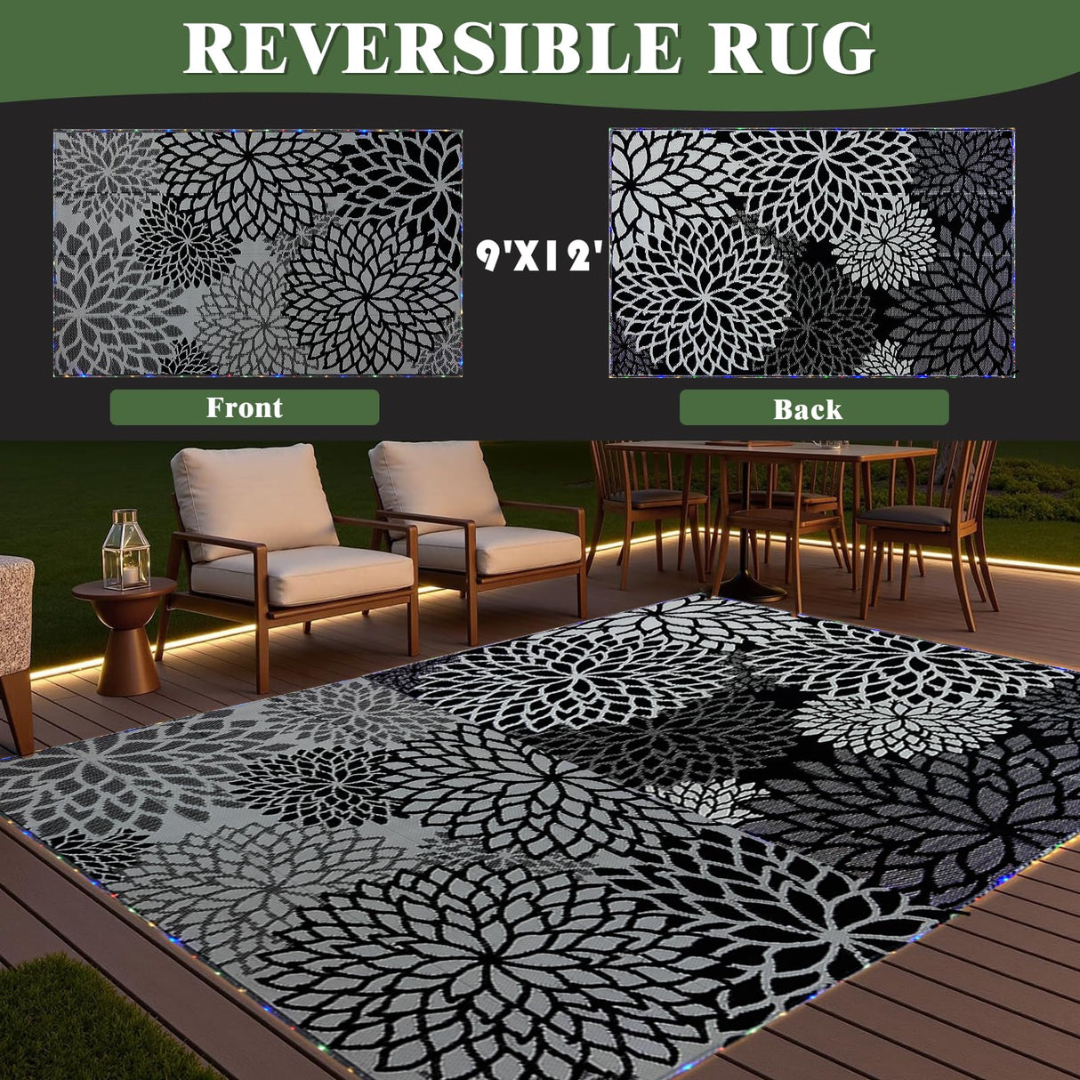 YONILE Outdoor Rug 9x12 ft with LED Light, Waterproof Reversible Outdoor Plastic Straw Rug for Patios Clearance, Large Outdoor Area Rug Carpet RV Mat for Camping Backyard Deck Porch Beach YONILE