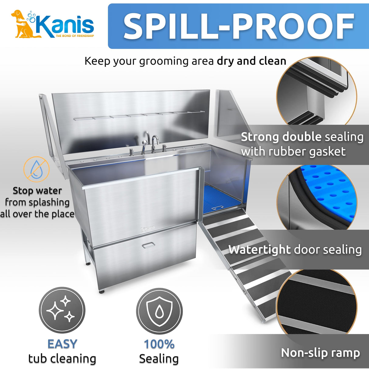 KANIS Professional Stainless Steel Dog Bathing Station - Dog Grooming Tub w/Ramp, Storage Drawer, Floor Grate & Faucet/Dog Bathtub for Large, Medium & Small Pets (61", Right RAMP - 1 Drawer) KANIS
