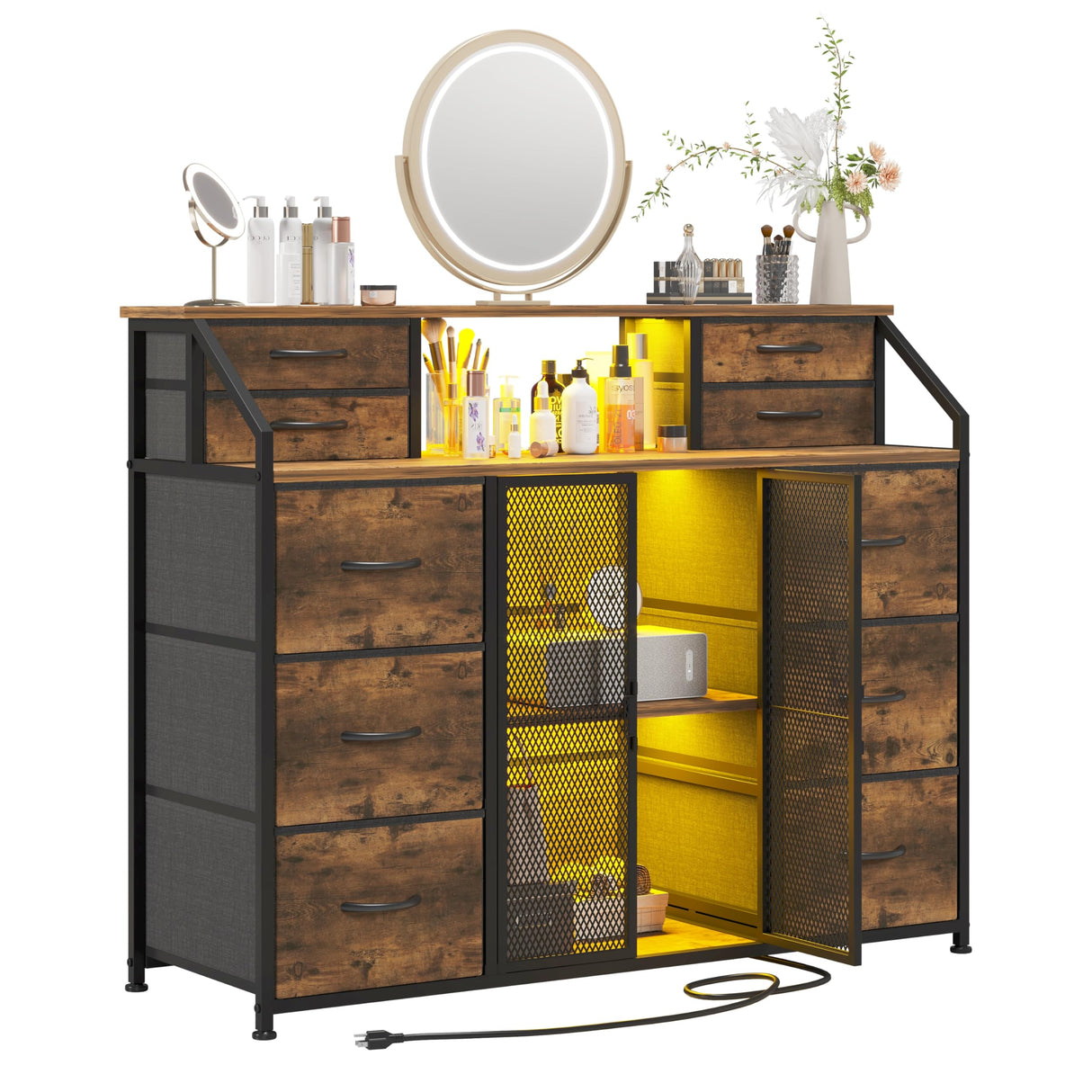 LUMTOK 10 Drawers Dresser, Drawer Dressers with Shelves, Door, Power Strip and LED Lights for Bedroom Living Room, Entryway, Closets (Rustic Brown) LUMTOK