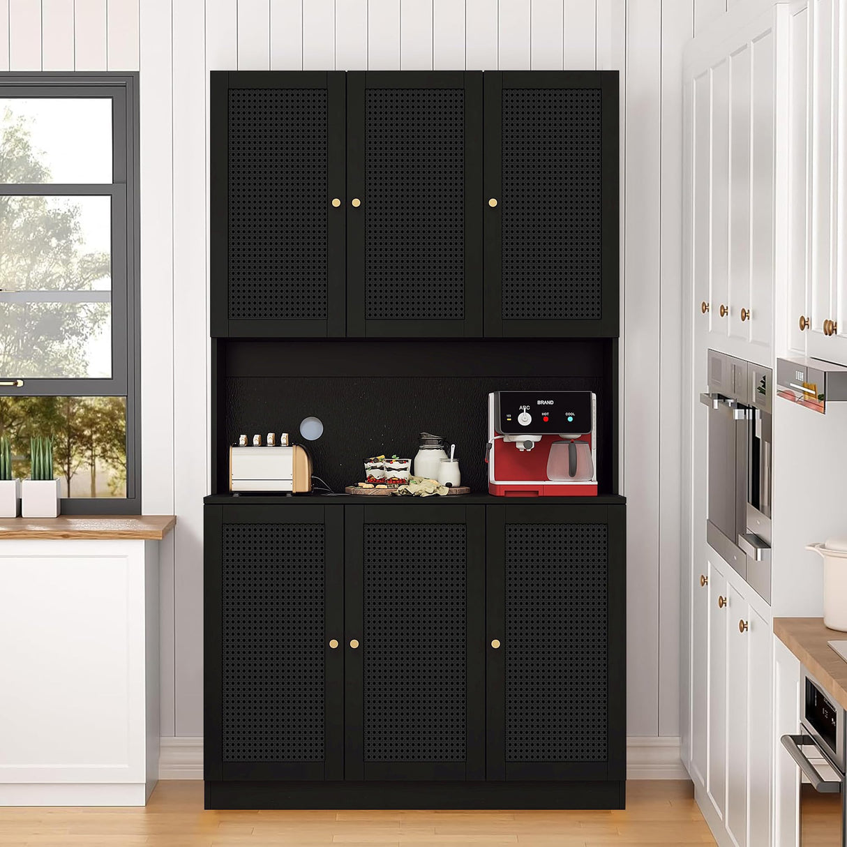 ORRD Black Freestanding Kitchen Pantry Cabinet with Iron Rattan Doors - 6 Door Modern Sideboard Storage Solution ORRD