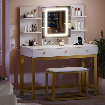 DWVO 39.5 W Vanity Desk Set, Makeup Table with LED Lighted Mirror and Power Outlet, Adjustable 3 Lights Modes, Vanity Table with Stool and Hidden Storage Shelves, 3 Drawers with for Girls Gift, White