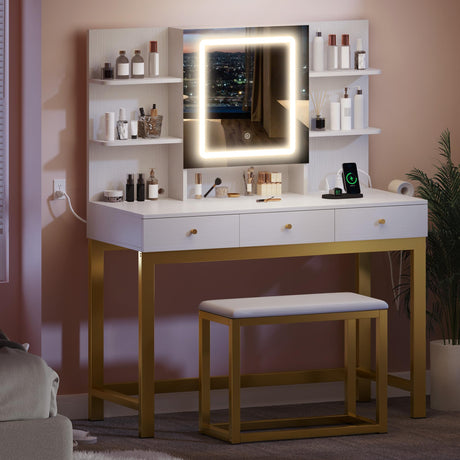 DWVO Vanity Desk with Lights, LED Mirror and Power Outlet, Adjustable 3 Color Lights Modes, Dressing Table with Chair, Makeup Table Set with Hidden Storage Shelves, 3 Drawers, Upgraded, White DWVO