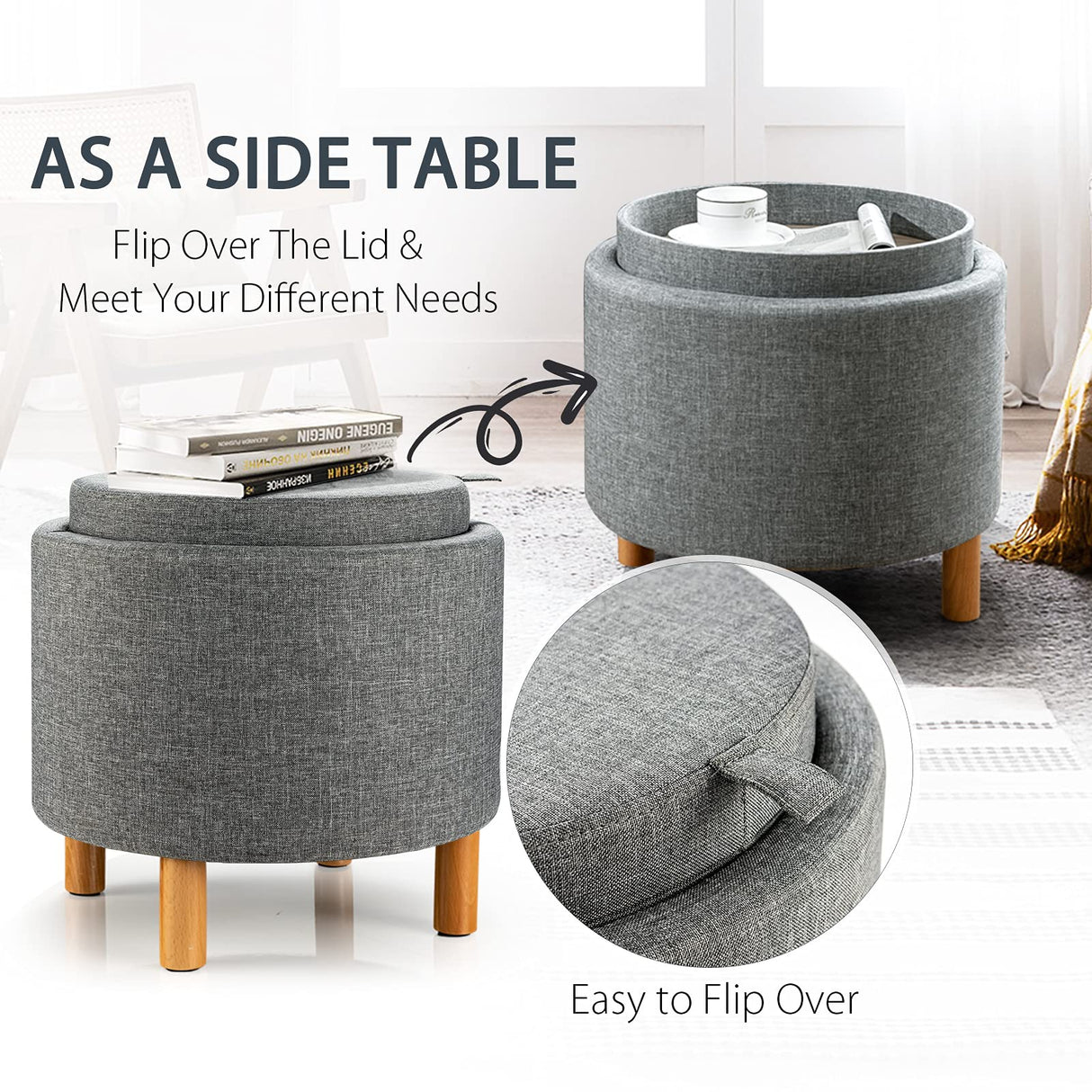 Giantex Round Storage Ottoman with Tray, Accent Storage Footstool w/Soft Padding, Fabric Sitting Stool w/Solid Wood Legs & Non-Slip Pads, Tray Top Coffee Table for Living Room, Bedroom (Grey) Giantex