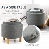 Giantex Round Storage Ottoman with Tray, Accent Storage Footstool w/Soft Padding, Fabric Sitting Stool w/Solid Wood Legs & Non-Slip Pads, Tray Top Coffee Table for Living Room, Bedroom (Grey) Giantex