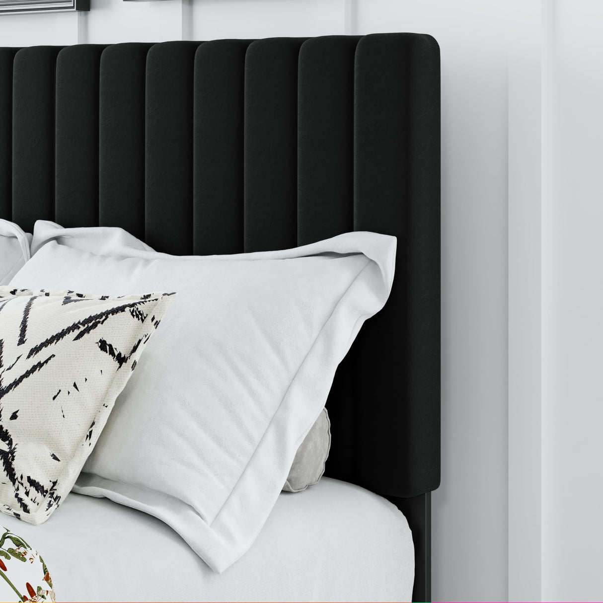 AILUNWALL Full Size Bed Frame, Velvet Upholstered Platform Bed with Adjustable Tufted Headboard, Sturdy Frame and Slats, Noiseless, No Box Spring Required, Easy to Assemble, Black AILUNWALL