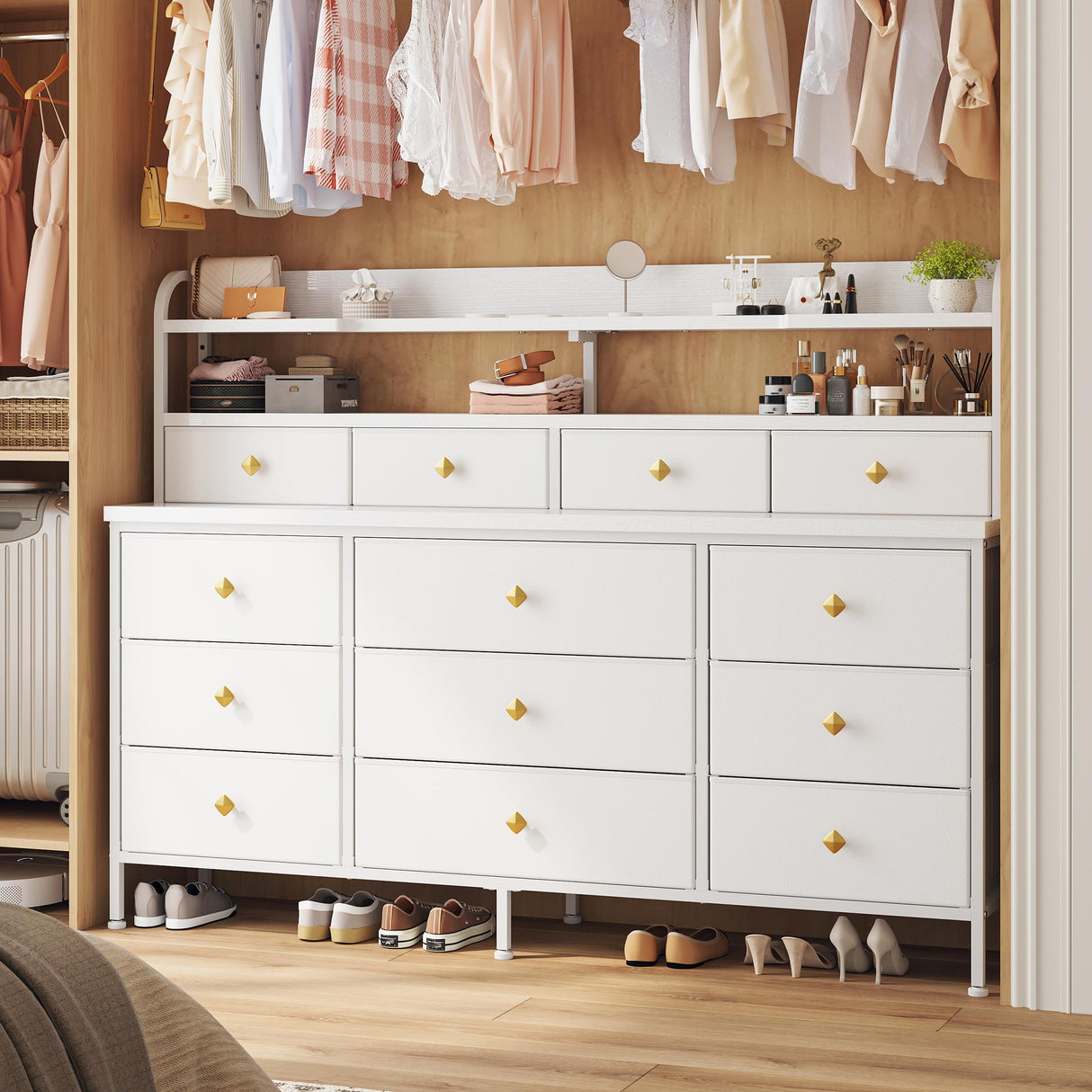 EnHomee 51.2" W White Dresser with 13 Drawers and LED Lights, White Dresser for Bedroom with Fabric Drawer, Long Dressers & Chests of Drawers, Dresser for Bedroom with Shelves for Closet EnHomee