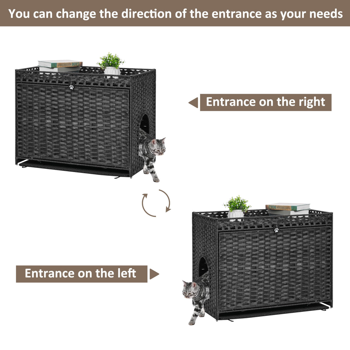 Cat Litter Box Enclosure with Soft Litter Mat; Hidden Cat Washroom Furniture with Door; Handwoven Rattan Cat House with Large Space; Pet Crate for Living Room, Bedroom, Balcony (Black) Honiakaka