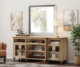 WAMPAT Farmhouse TV Stand for TVs Up to 75 inch, 4-Door Glass and Wood Universal TV Console with 9 Storage Cabinets, Oak Entertainment Center Table for Living Room Bedroom，70'' WAMPAT