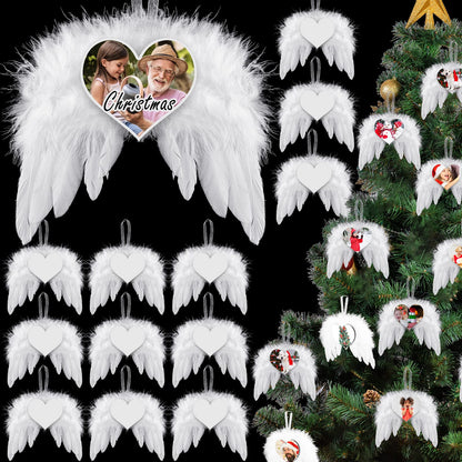 Christmas Sublimation Ornament Blank Decor White Angel Wings DIY Xmas Ornament Craft Hanging, Feather Hanging with Pendants for Christmas Tree Angel Wings Decor(24 Pcs,Heart Style)