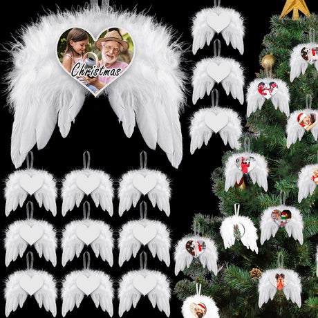 Christmas Sublimation Ornament Blank Decor White Angel Wings DIY Xmas Ornament Craft Hanging, Feather Hanging with Pendants for Christmas Tree Angel Wings Decor(24 Pcs,Heart Style) Amyhill