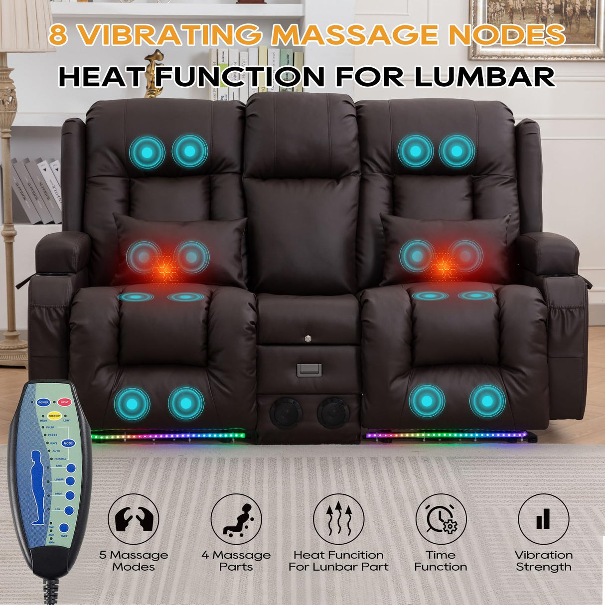 IPKIG Power Loveseat Recliner - 67" Reclining Loveseat 2-Seater Recliner Sofa with Console, 4 Colors LED Strip, AC Outlets, USB-A/C Ports and Cup Holders for Living Room Home Theater (Brown, 2-Seater) IPKIG