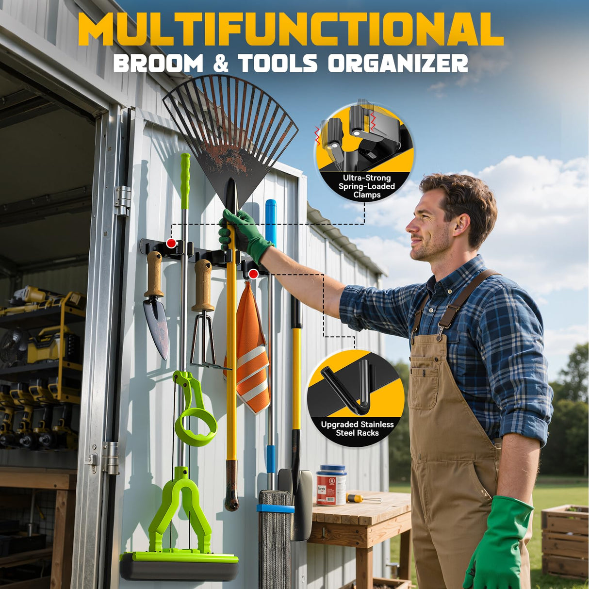 Ferreteriai Power Tool Organizer Wall Mount with Broom Holder Combo, Yellow & Black 3-Tier Garage Storage Rack with Battery Storage, 4 Drill Holder Slots, Heavy Duty Steel 150LB Capacity Ferreteriai