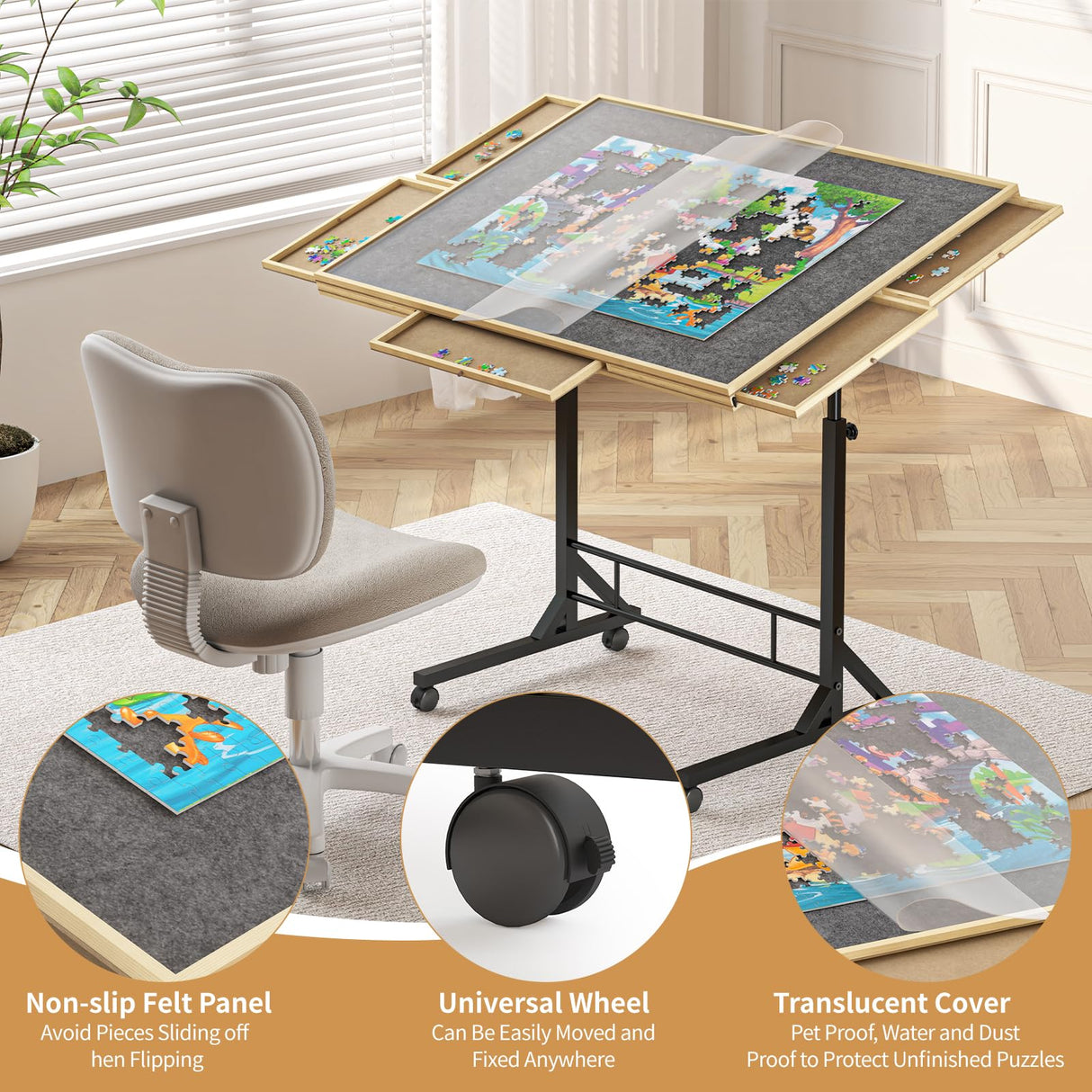 1500 Piece Jigsaw Puzzle Table with 6 Drawers and Legs, Adjustable 34"x 26" Wooden Puzzle Board with 4 Wheels, Height and Angle Adjustable Gifts for Adults and Kids PLYFOU