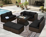 BULEXYARD 9 Piece Highback Patio Furniture Set with Fire Pit Table, Modern Modular Outdoor Sectional Couch Sofa with Ottoman, 8-Person Backyard Seating for Outside, Deck, Brown Wicker & Black Cushion BULEXYARD