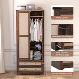 Brafab Armoire Wardrobe Closet with 2 Rattan Doors, 71" Farmhouse Tall Freestanding Coat Closet Wardrobe Cabinet with Drawers and Hanging Rail, Wooden Armoire Storage Cabinet with Shelf for Bedroom Brafab