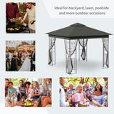 Outsunny 10' x 10' Metal Patio Gazebo, Double Roof Outdoor Gazebo Canopy Shelter with Tree Motifs Corner Frame and Netting, for Garden, Lawn, Backyard, and Deck, Gray Outsunny