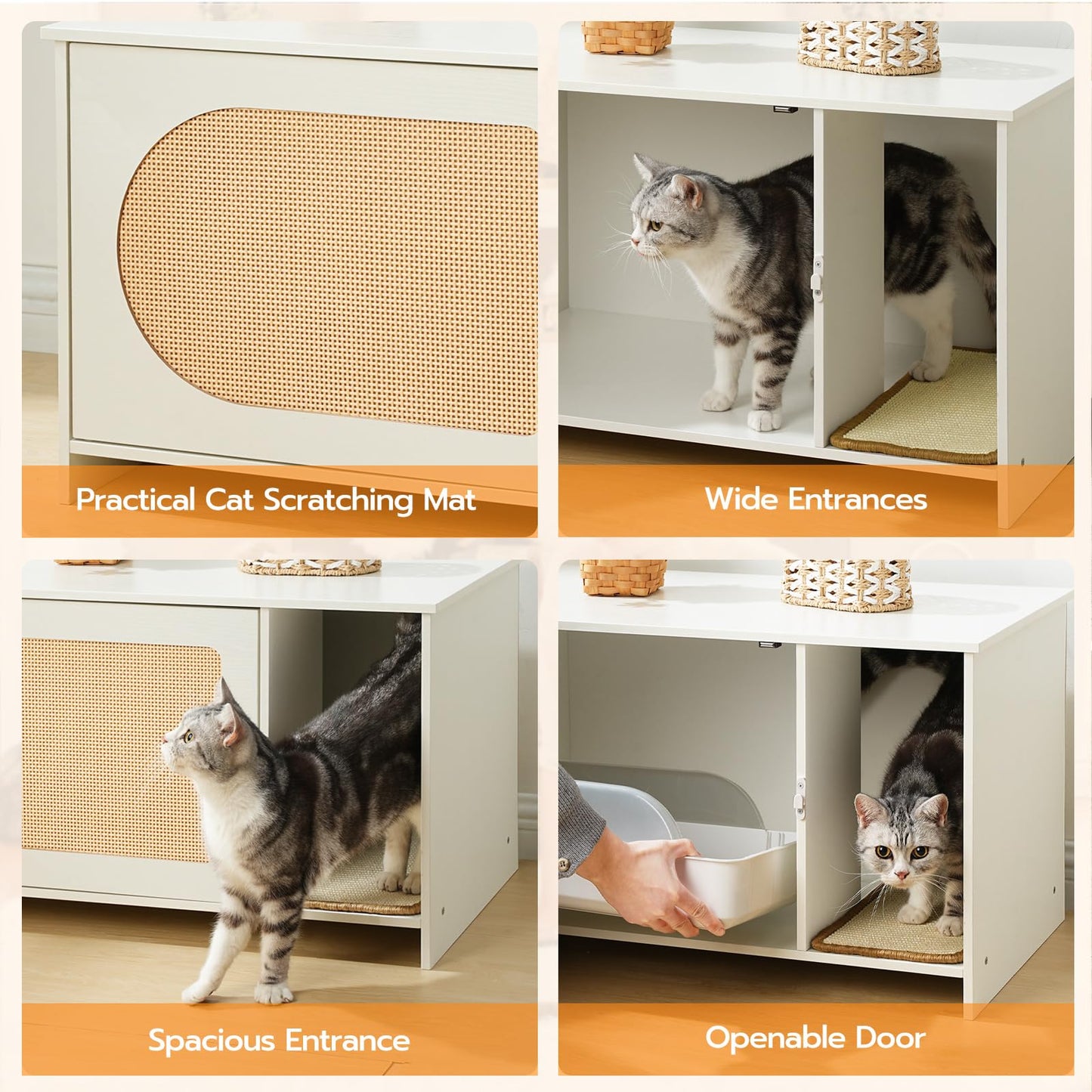 HOOBRO Cat Litter Box Enclosure with Rattan Door, Hidden Litter Box Furniture, Large Litter Box Enclosure with Adhesive Cat Scratching Mat, Coffee Table, 31.4" L x 17.7" W x 18.1" H, White WY18MW01