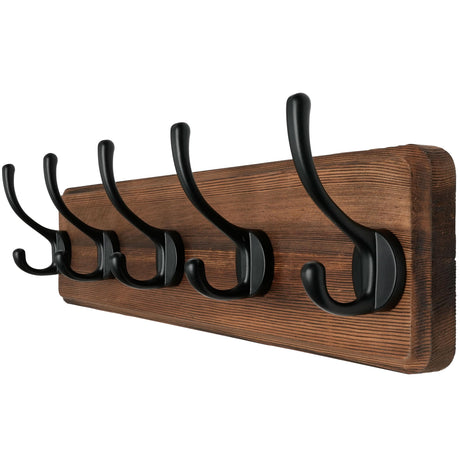 Dseap Coat Rack Wall: Patented, Heavy-Duty, 17.4" Long 5-Double-Hooks Wooden Wall Mounted Coat Rack Coat Hanger Hook Rail for Winter Coats Hat Jacket Clothing, Natural & Black Dseap