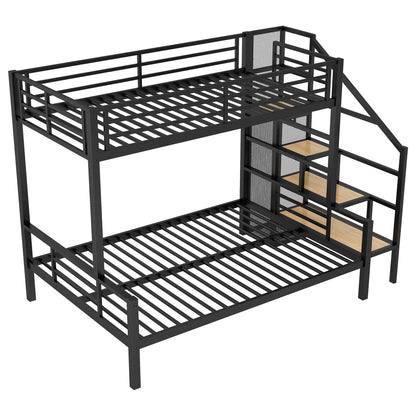 Harper & Bright Designs Twin Over Full Bunk Bed with Stairs, Metal Stairway Bunk Bed Frame with Storage and Open Wardrobe, for Kids Teens Adults - Black