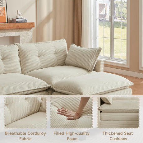 Amsleekey Modular Sectional Sofa, 111.5" U-Shaped Corduroy Comfy Sectional Couches for Living Room, 3-Seater Cloud Couches with 2 Movable Ottomans, Flexible Combination Modern Deep Seat Sofa (Beige) Amsleekey