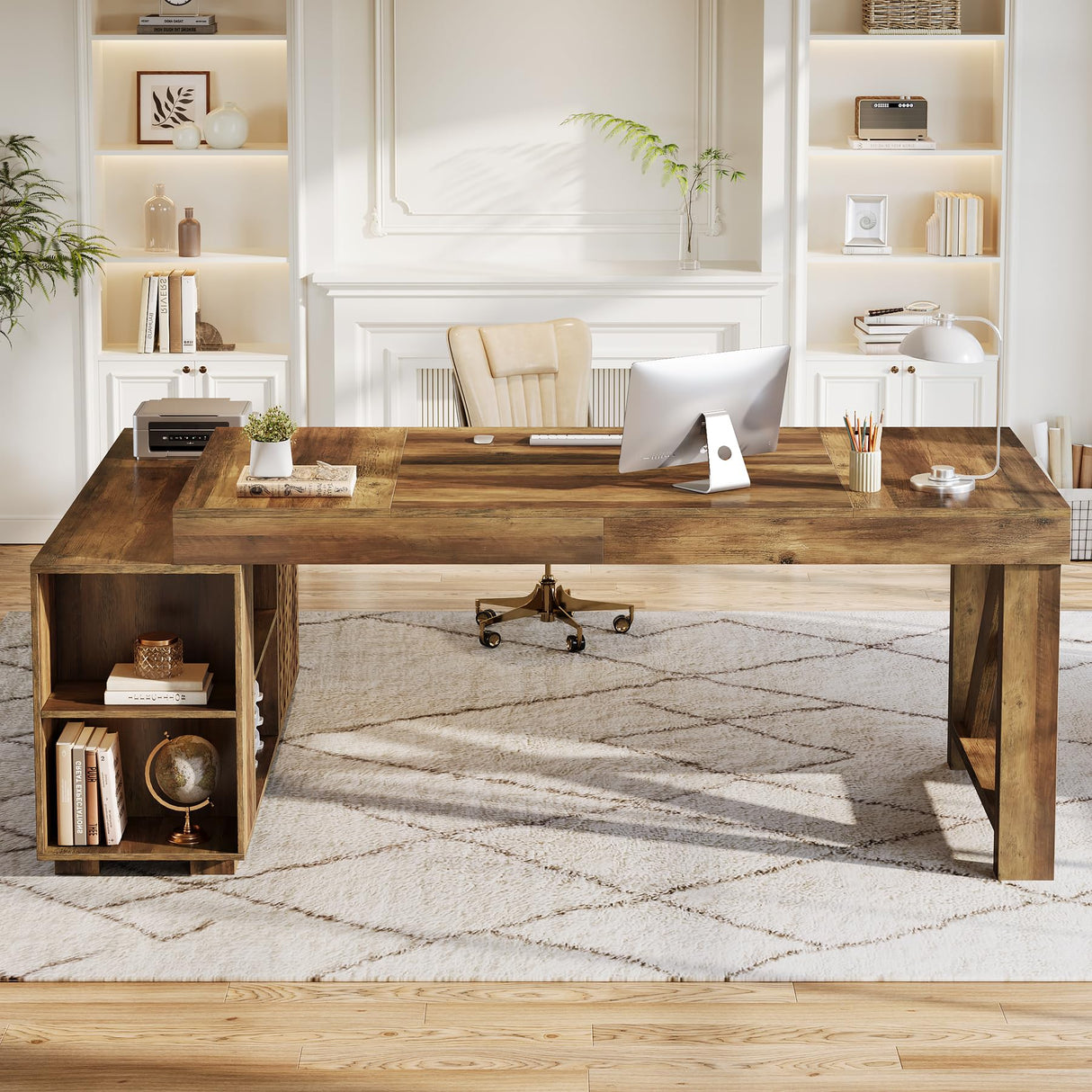 Tribesigns Farmhouse 63-Inch Executive Desk, L-Shaped Boss Desk Home Office Desks with Storage Shelves and Cabinet, Large Business Furniture Set for Home Office, Brown Tribesigns