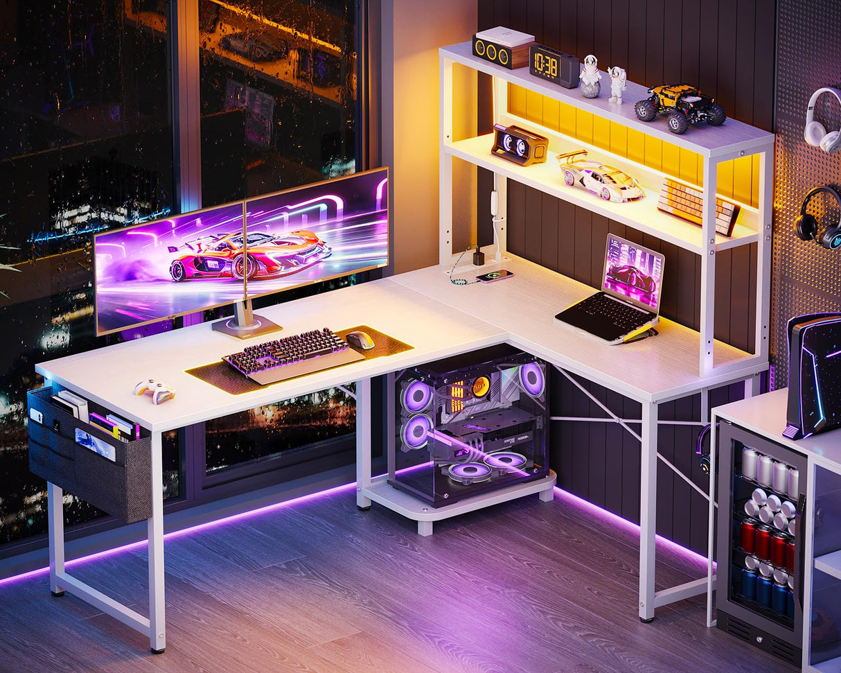 ODK 53 Inch L Shaped Desk with LED Lighting, Reversible Gaming Desk with Power Outlets, Cornor Computer Table with Storage Shelves & Bag & Iron Hook, Home Office Table for Writing, Study, White ODK