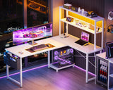 ODK 53 Inch L Shaped Desk with LED Lighting, Reversible Gaming Desk with Power Outlets, Cornor Computer Table with Storage Shelves & Bag & Iron Hook, Home Office Table for Writing, Study, White ODK
