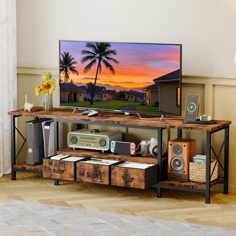 YGEOMER TV Stand for 75 Inch TV Entertainment Center with Power Outlets TV Console Table deepen with Fabric Drawers Metal Frame Storage Shelves and for Living Room, Bedroom 63" Rustic Brown YGEOMER