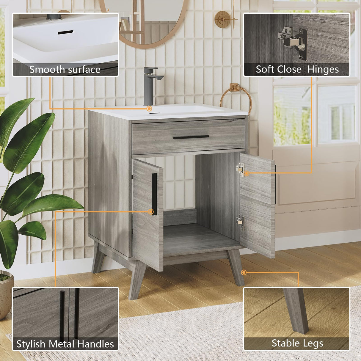 AMERLIFE 24.5" Bathroom Vanity with Sink Combo, Mid-Century Modern Small Single Bathroom Cabinet Set, Integrated Sink, Soft Closing Doors with Metal Handles, Bath Vanity Grey AMERLIFE