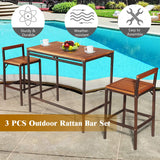 RELAX4LIFE 3-Piece Outdoor Bar Table Set, PE Rattan Wicker Bar Height Dining Table w/Acacia Wood Top & 2 Bar Stools Chairs w/Backrest Footrest, 3PCS Patio Bistro Set for Backyard Porch Poolside Garden RELAX4LIFE