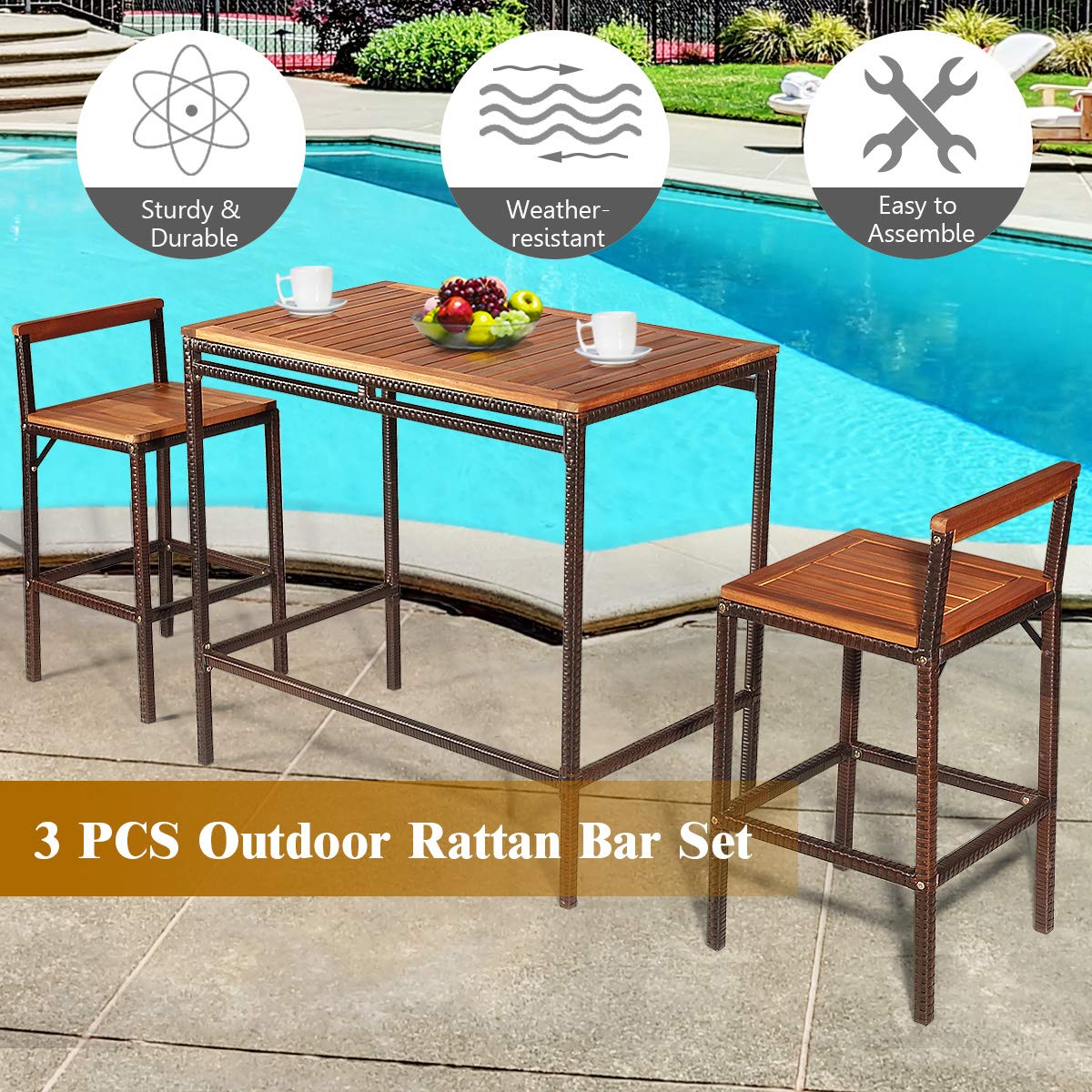 Tangkula 3 Pieces Patio Bar Table Set, Outdoor Rattan Bistro Set with Acacia Wood Top, Wood Table Set with 2 Bar Chairs for Dining Room, Backyard, Patio and Balcony Tangkula