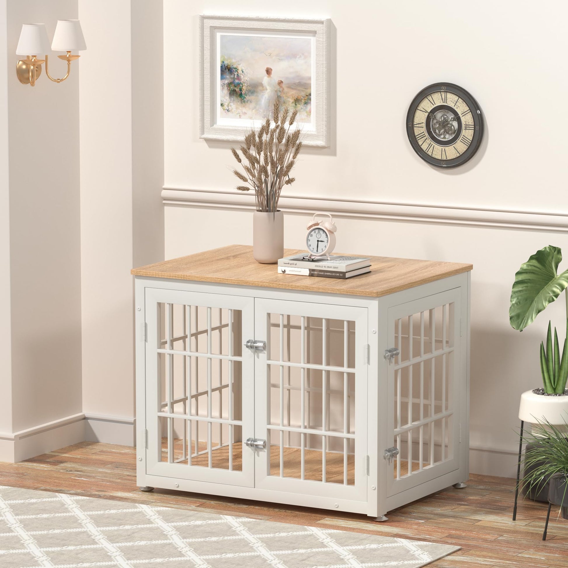 rehomerance Heavy Duty Dog Crate Furniture for Medium and Small Dogs, Decorative Pet House End Table, Wooden Cage Kennel Furniture Indoor, White and Natural - WoodArtSupply