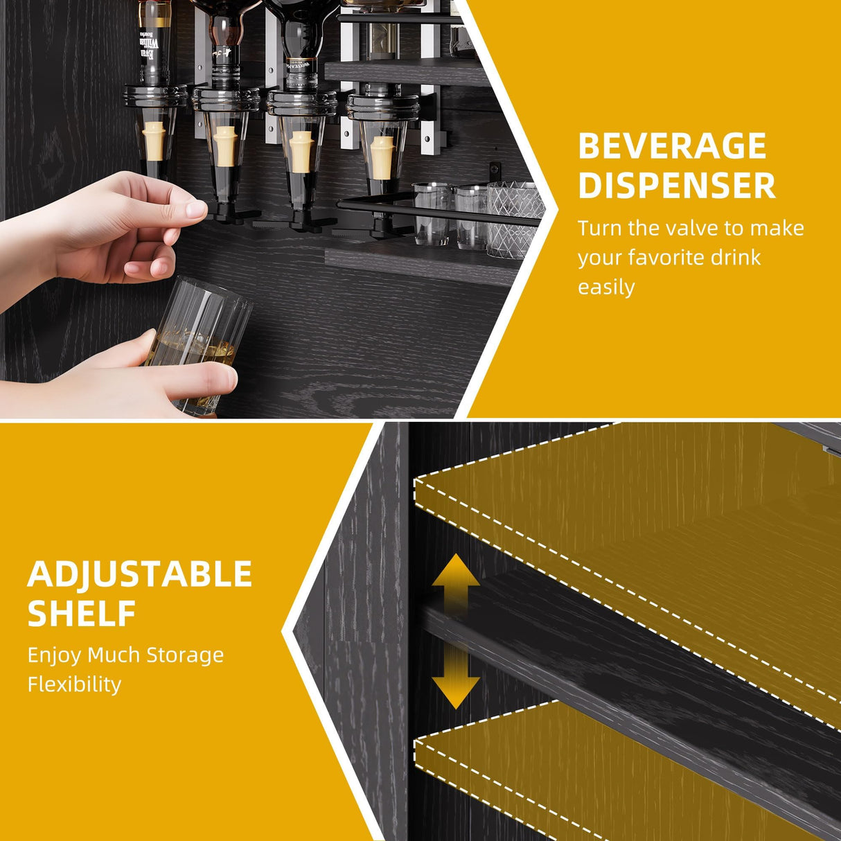 DWVO Farmhouse Bar Cabinet w/LED Lights, 71" Tall Wine Bar Cabinet for Liquor & Glasses, 4-Bottle Liquor Dispenser & Wine Rack, Kitchen Cabinet w/Storage, Black DWVO