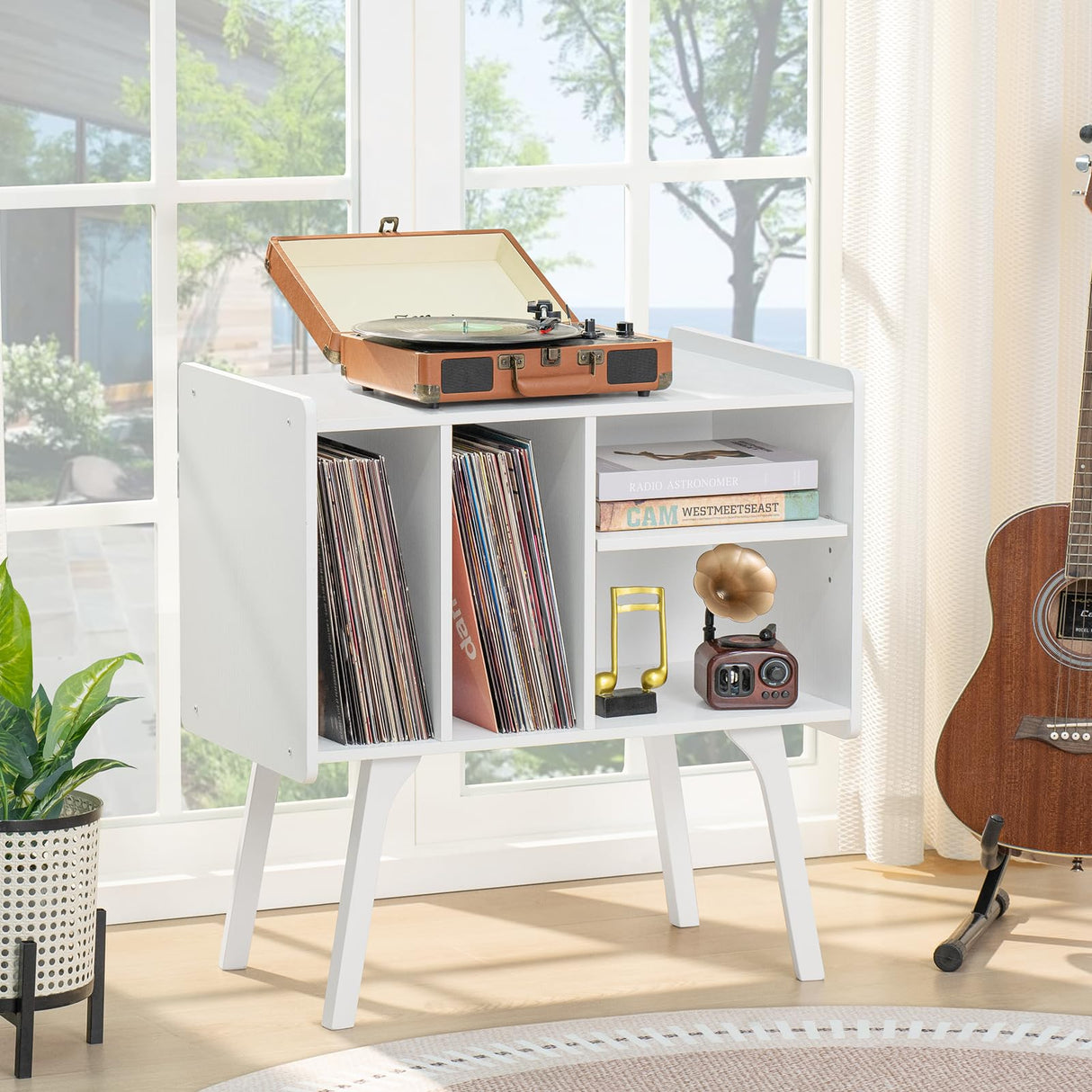 LELELINKY Record Player Stand,Vinyl Record Storage Table with 4 Cabinet Up to 120 Albums,Mid-Century Turntable Stand with Wood Legs,White Vinyl Holder Display Shelf for Bedroom Living Room LELELINKY