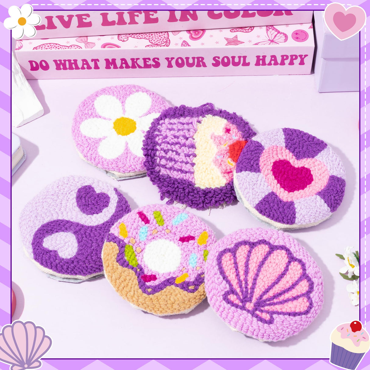 WATINC Punch Needle Coaster Kits - 23Pcs Easy Art Work Decor Craft Supply for Beginners, DIY Set of 6 Unique Pattern Tufted Pads with Adhesive Felt Yarns Tools Instruction Customized Boxes (Purple) WATINC