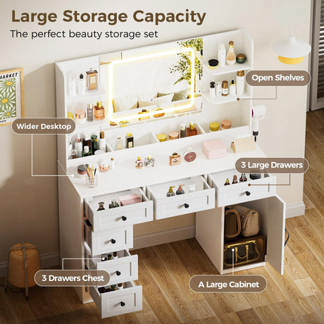 COMHOMA Makeup Vanity Desk with Mirror and Lights, Large Vanity Table with 6 Drawers & 1 Storage Cabinet, White Bedroom Dresser Table for Girls, 3 Color Modes Adjustable Mirror, White COMHOMA