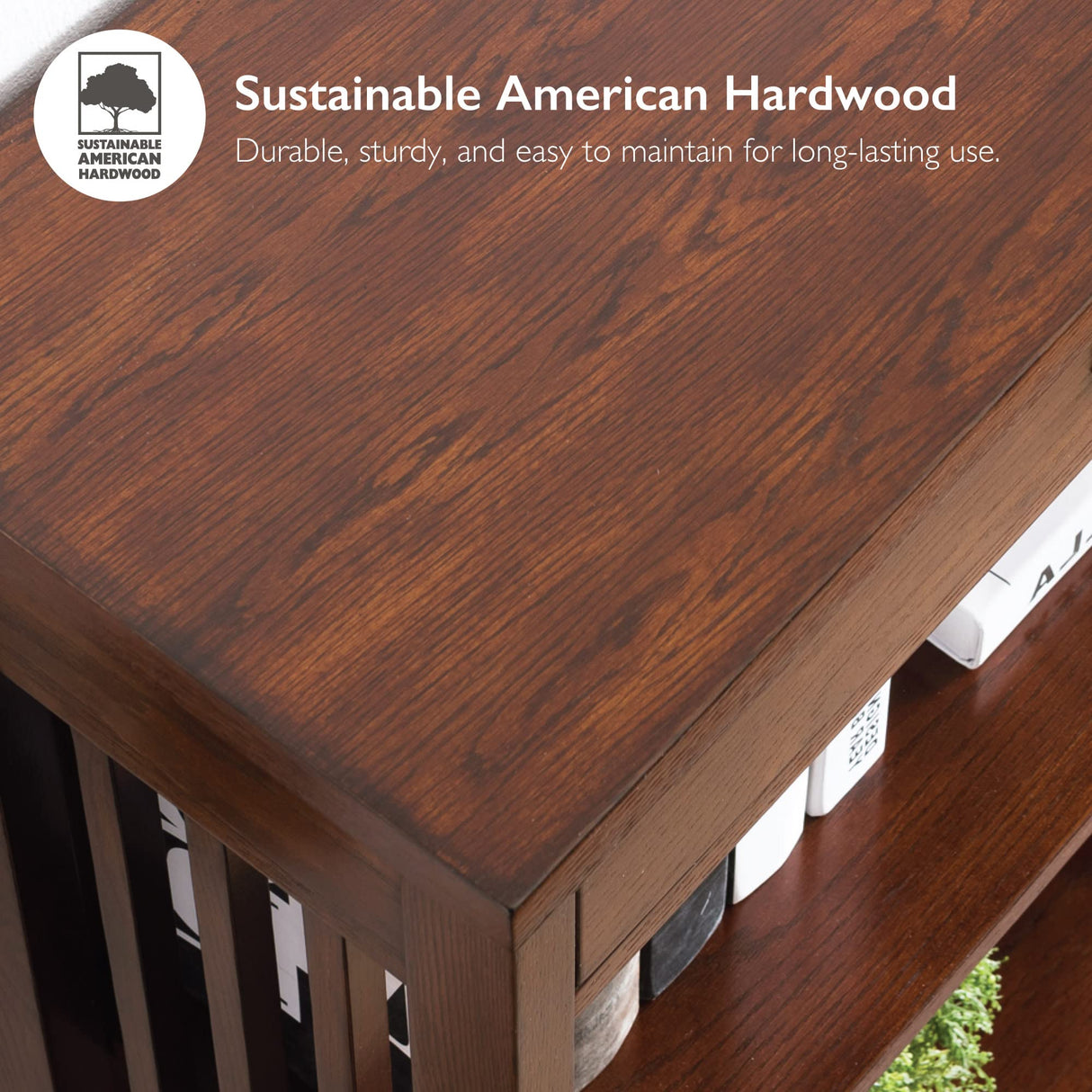 Leick Home 82262 Mission Mantel Height Bookcase with Slatted Sides and Top Drawer, Made with Solid Wood, for Living Rooms, Mission Oak Finish, Brownbronze Leick Home