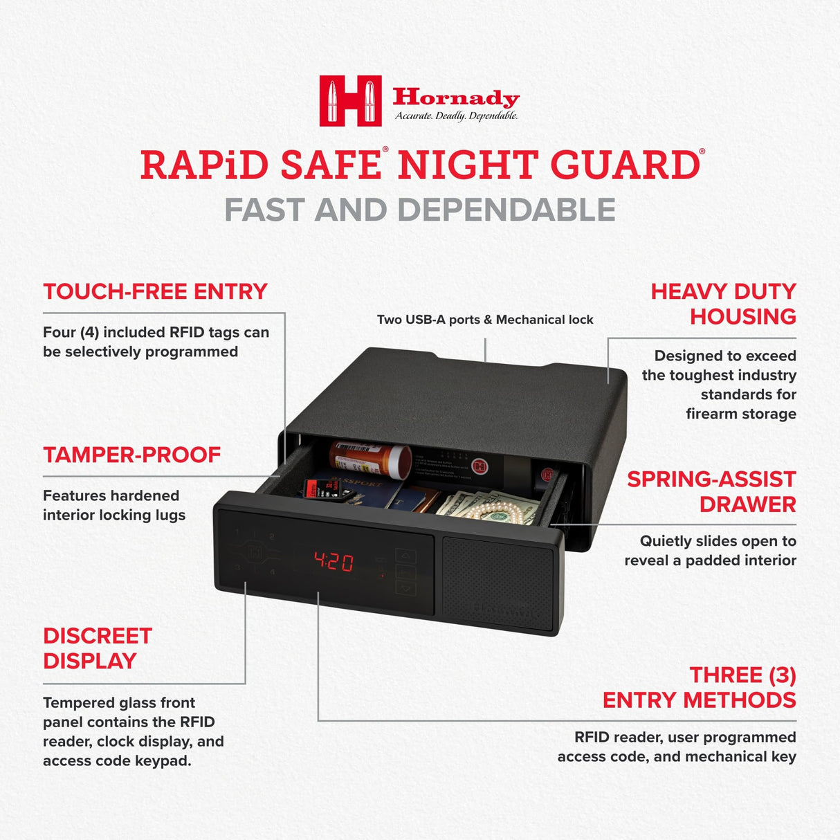 Hornady Rapid Safe Night Guard – Nightstand Gun Safe with RFID Reader, Clock, USB Ports – RFID Safe for Fast, Multiple Method Entry – Includes Rapid Safe, 3 Methods of Entry and Security Cable Hornady