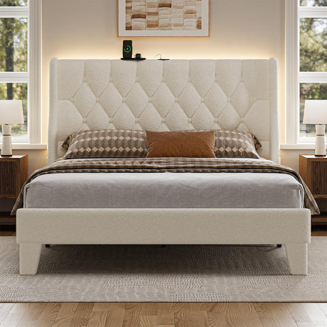 CIKUNASI Queen Size Bed Frame White Platform Bed Frame with Type-C and USB Ports Wingback Bedframe with Headboard and Storage CIKUNASI