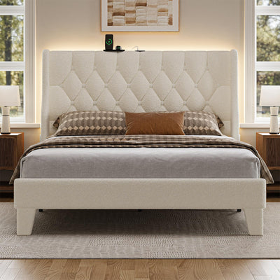 CIKUNASI Queen Size Bed Frame White Platform Bed Frame with Type-C and USB Ports Wingback Bedframe with Headboard and Storage