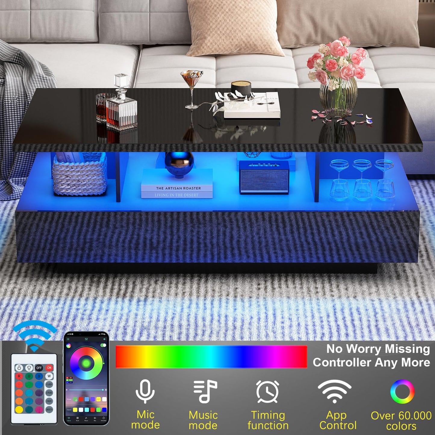 jiteentarou LED Coffee Table w/ 2 Storage Drawers,App Control,High Glossy Modern Black Coffee Table w/60,000-Color Lights,Rectangle 2-Tier Center Table w/Display Shelf for Living Room - WoodArtSupply