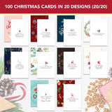 Decorably 100 Pack Foiled and Glittery Assorted 6x4in Christmas Cards Bulk with Envelopes and Stickers, 20 Adorable Designs Christmas Cards 100 Pack With Printed Message Inside Decorably