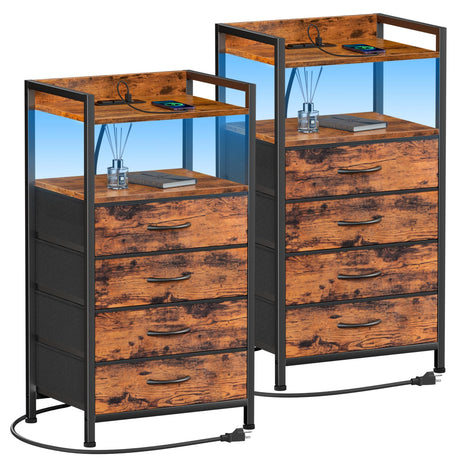 Furnulem 4 Drawer Nightstand Set of 2, Small Dresser for Bedroom, Tall Night Stand with Charging Station and Led Light, Dresser Organizer Side Table Bedside Furniture, Wood Shelf, Fabric Drawer Furnulem