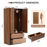 Fluted Freestanding Armoire Wardrobe Closet with 2 Doors and 2 Storage Drawers, Large Capacity Wardrobe Cabinet, Wooden Closet for Bedroom, Living Room - Walnut ORRD